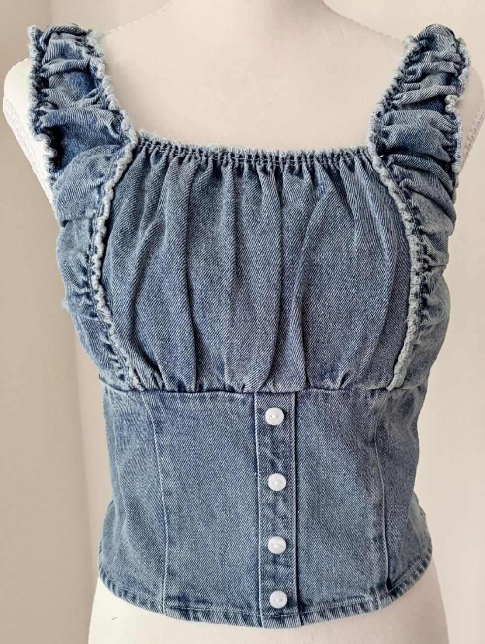 NWT Le Lis Collection Ruffled Denim Corset Top Light Wash Button Up